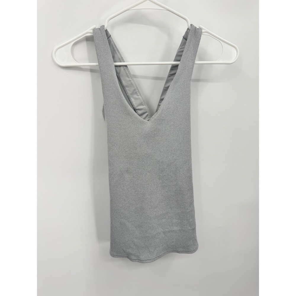 Alo Yoga Ribbed Tank Top Women Medium Grey Cross Back V-Neck Shelf Bra
